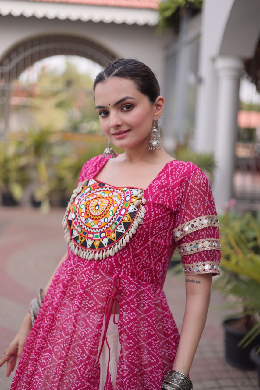Bandhani Kurti with Kora Cotton Frill Lehenga Set ClothsVilla