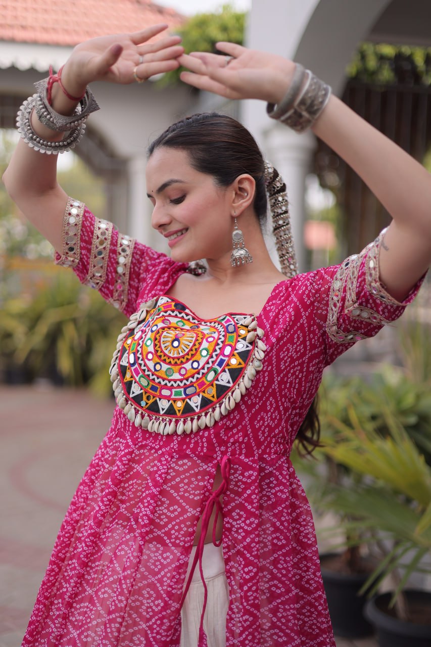 Bandhani Kurti with Kora Cotton Frill Lehenga Set ClothsVilla