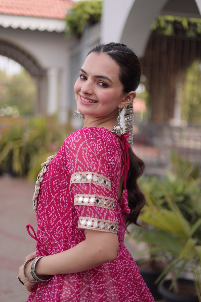 Bandhani Kurti with Kora Cotton Frill Lehenga Set ClothsVilla