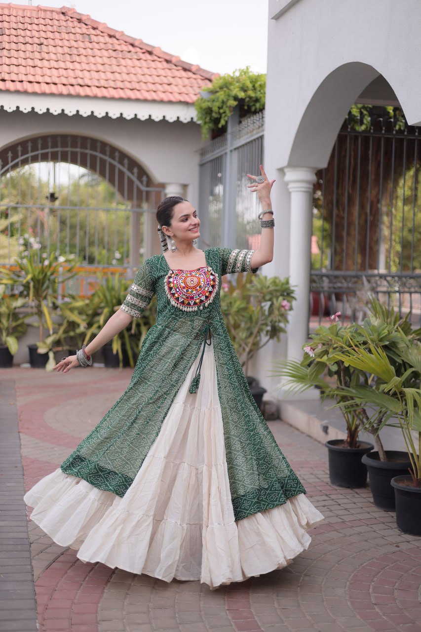 Bandhani Kurti with Kora Cotton Frill Lehenga Set ClothsVilla