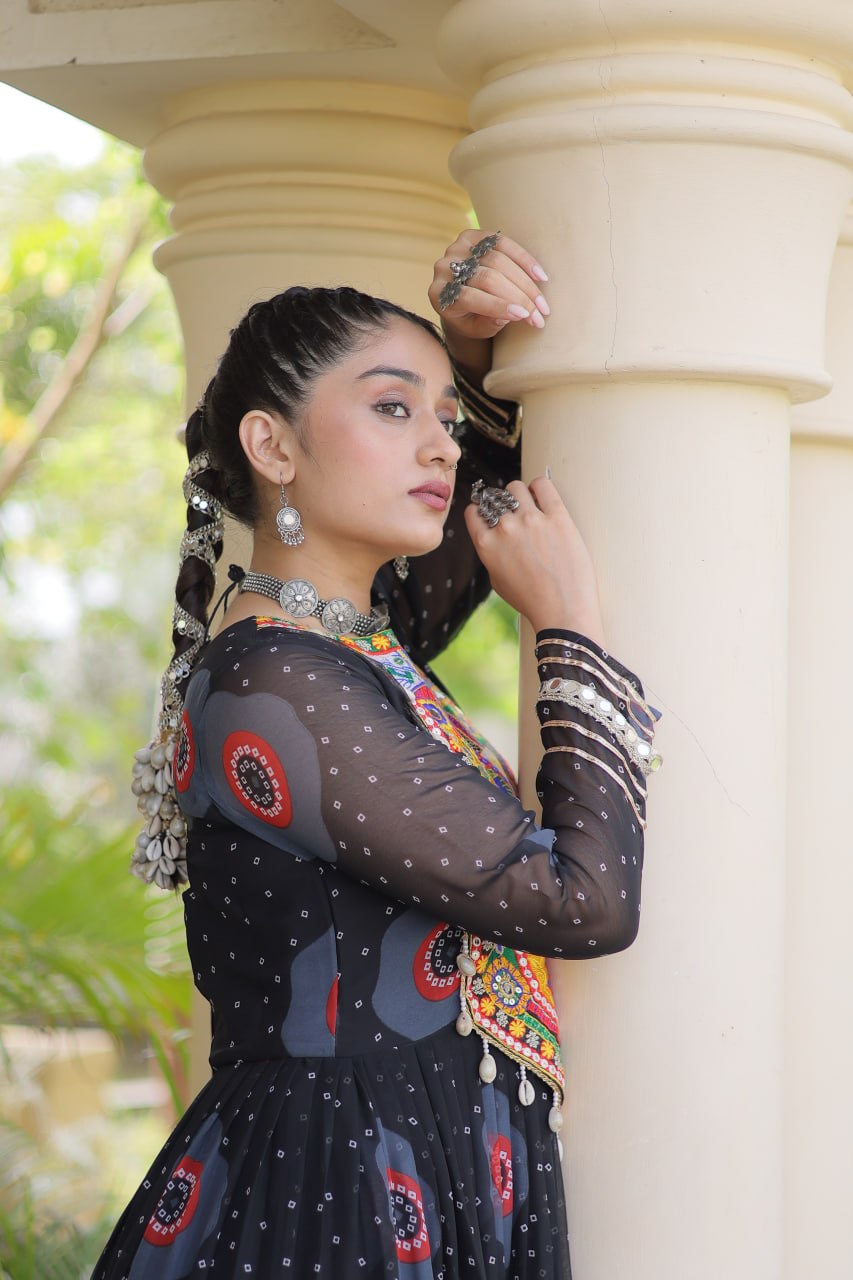 Bandhani Print Anarkali Gown with Kutchi work ClothsVilla