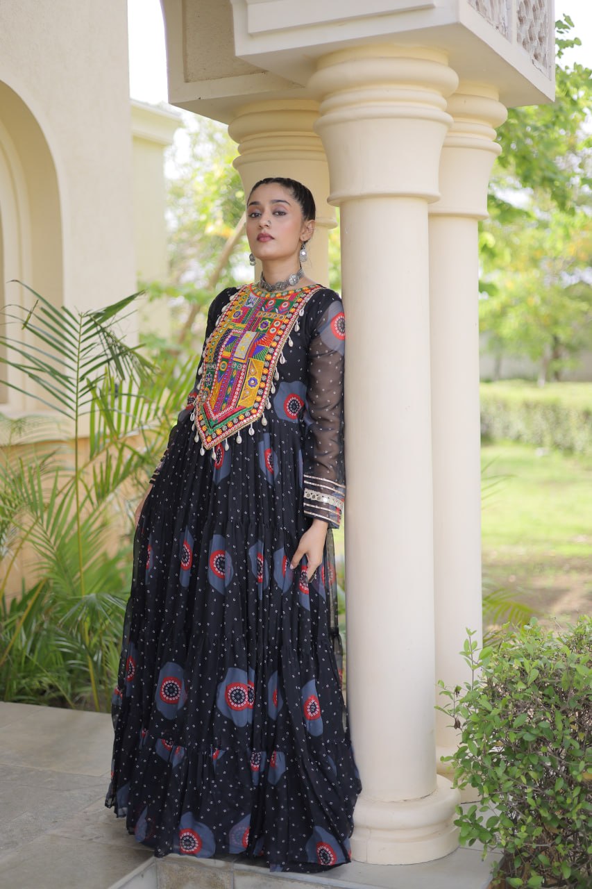 Bandhani Print Anarkali Gown with Kutchi work ClothsVilla