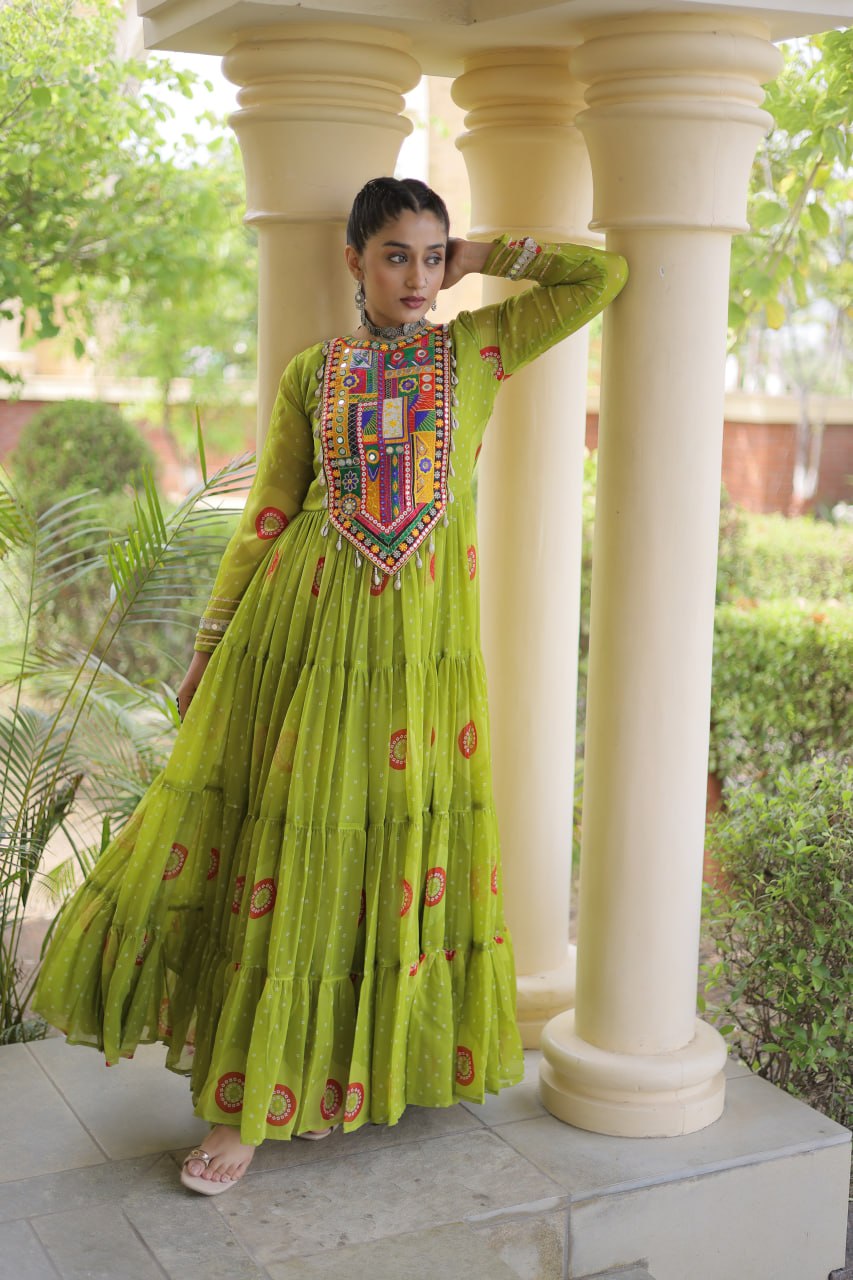 Bandhani Print Anarkali Gown with Kutchi work ClothsVilla