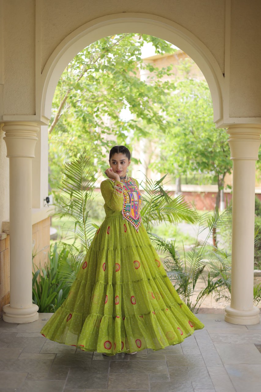 Bandhani Print Anarkali Gown with Kutchi work ClothsVilla