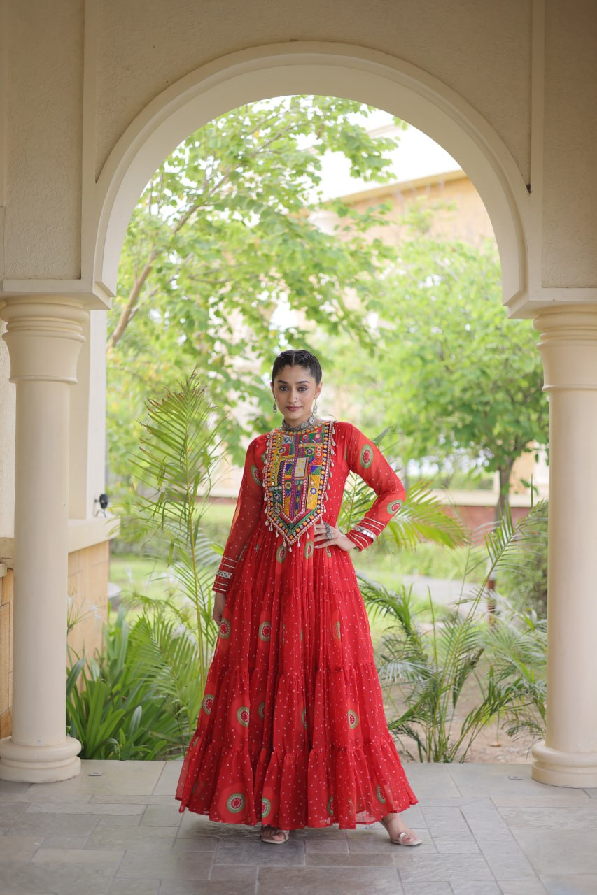 Bandhani Print Anarkali Gown with Kutchi work ClothsVilla