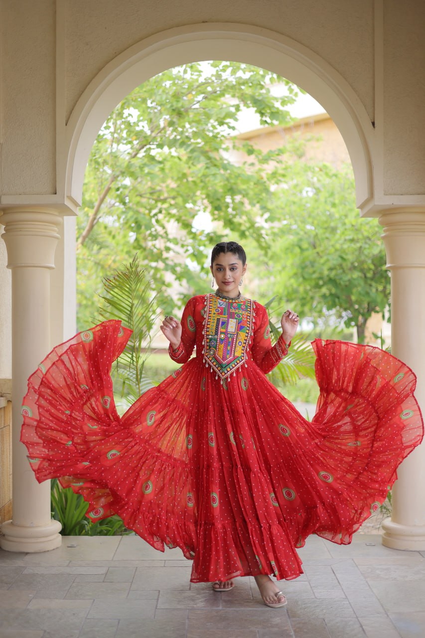 Bandhani Print Anarkali Gown with Kutchi work ClothsVilla