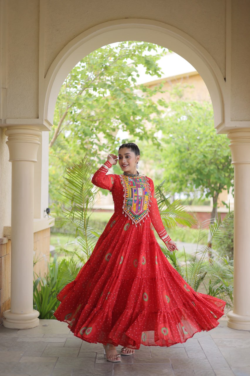 Bandhani Print Anarkali Gown with Kutchi work ClothsVilla