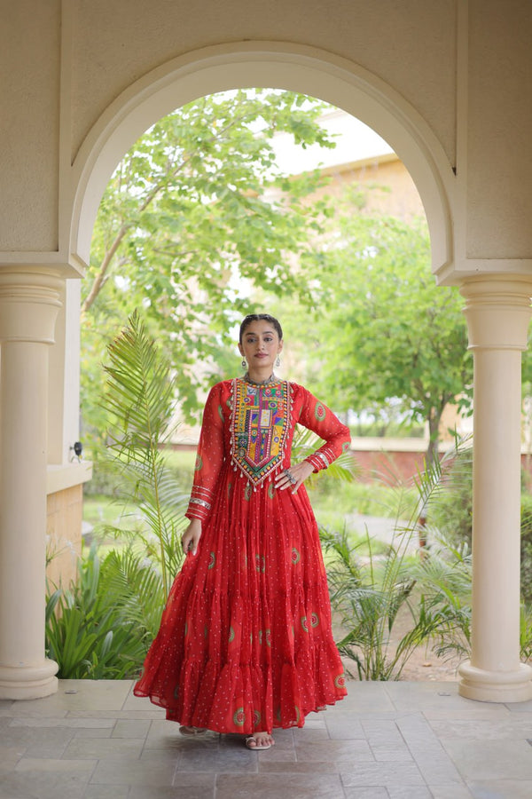 Bandhani Print Anarkali Gown with Kutchi work ClothsVilla