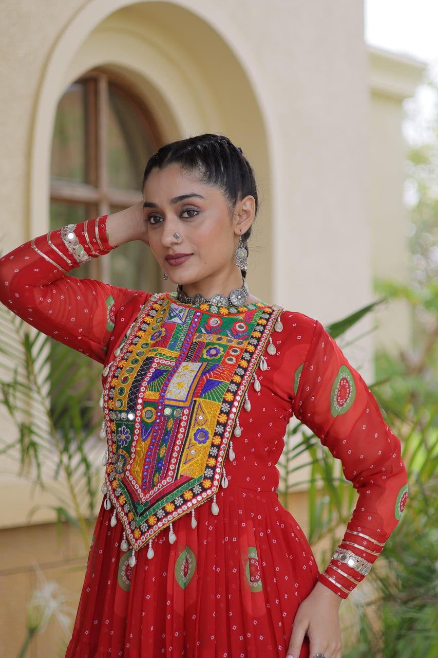 Bandhani Print Anarkali Gown with Kutchi work ClothsVilla