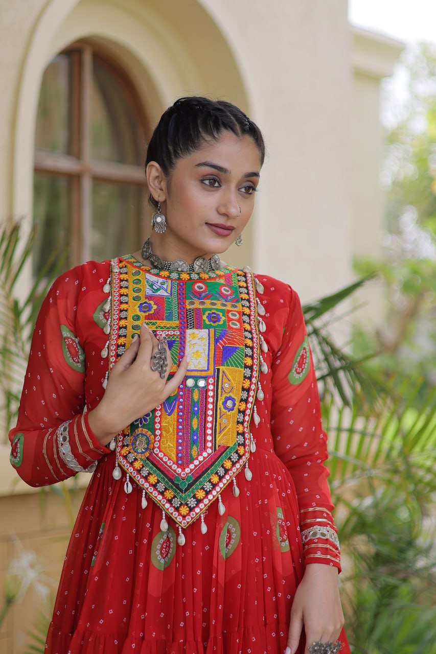 Bandhani Print Anarkali Gown with Kutchi work ClothsVilla