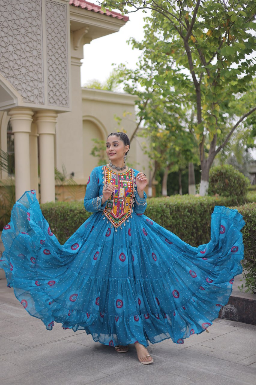 Bandhani Print Anarkali Gown with Kutchi work ClothsVilla