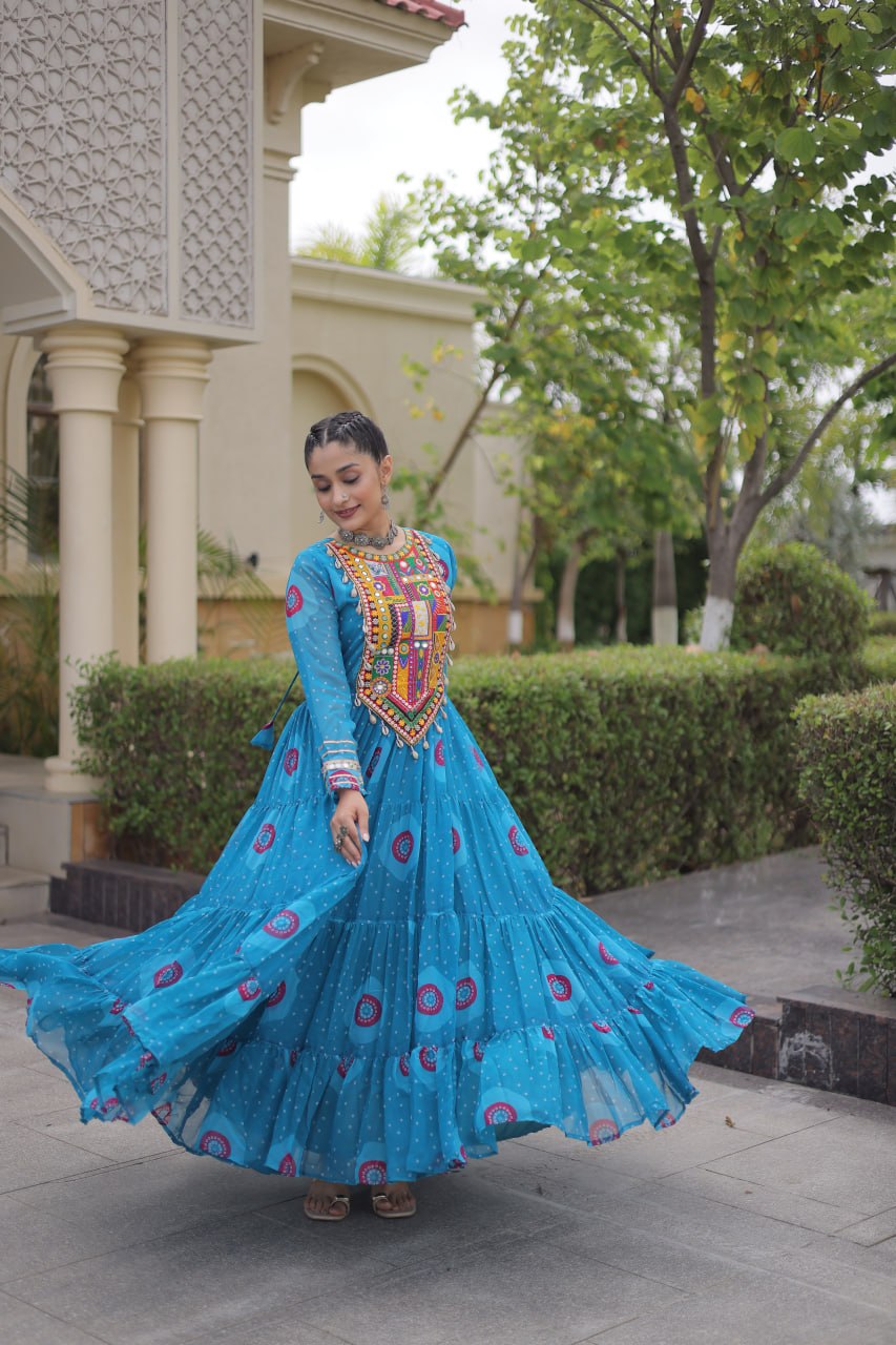 Bandhani Print Anarkali Gown with Kutchi work ClothsVilla