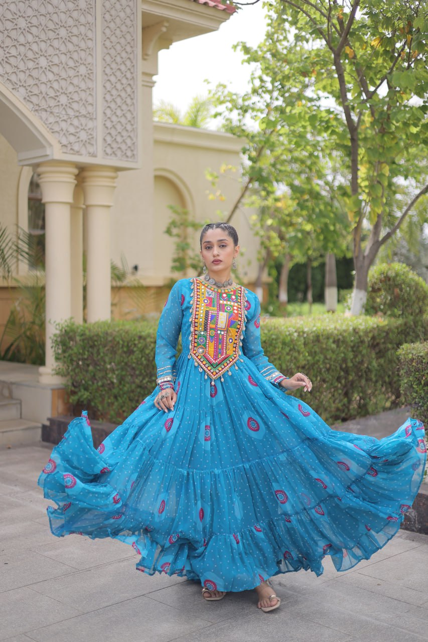 Bandhani Print Anarkali Gown with Kutchi work ClothsVilla