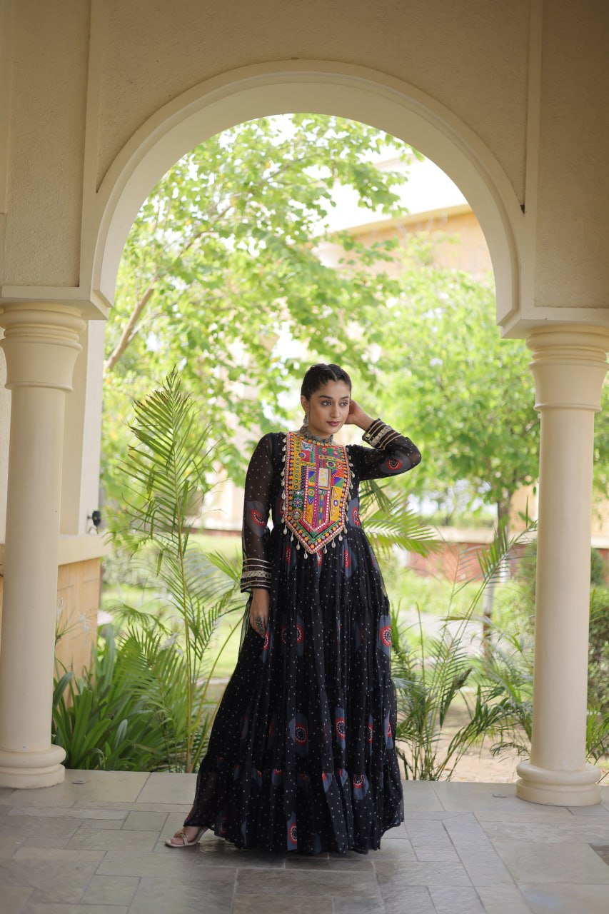 Bandhani Print Anarkali Gown with Kutchi work ClothsVilla