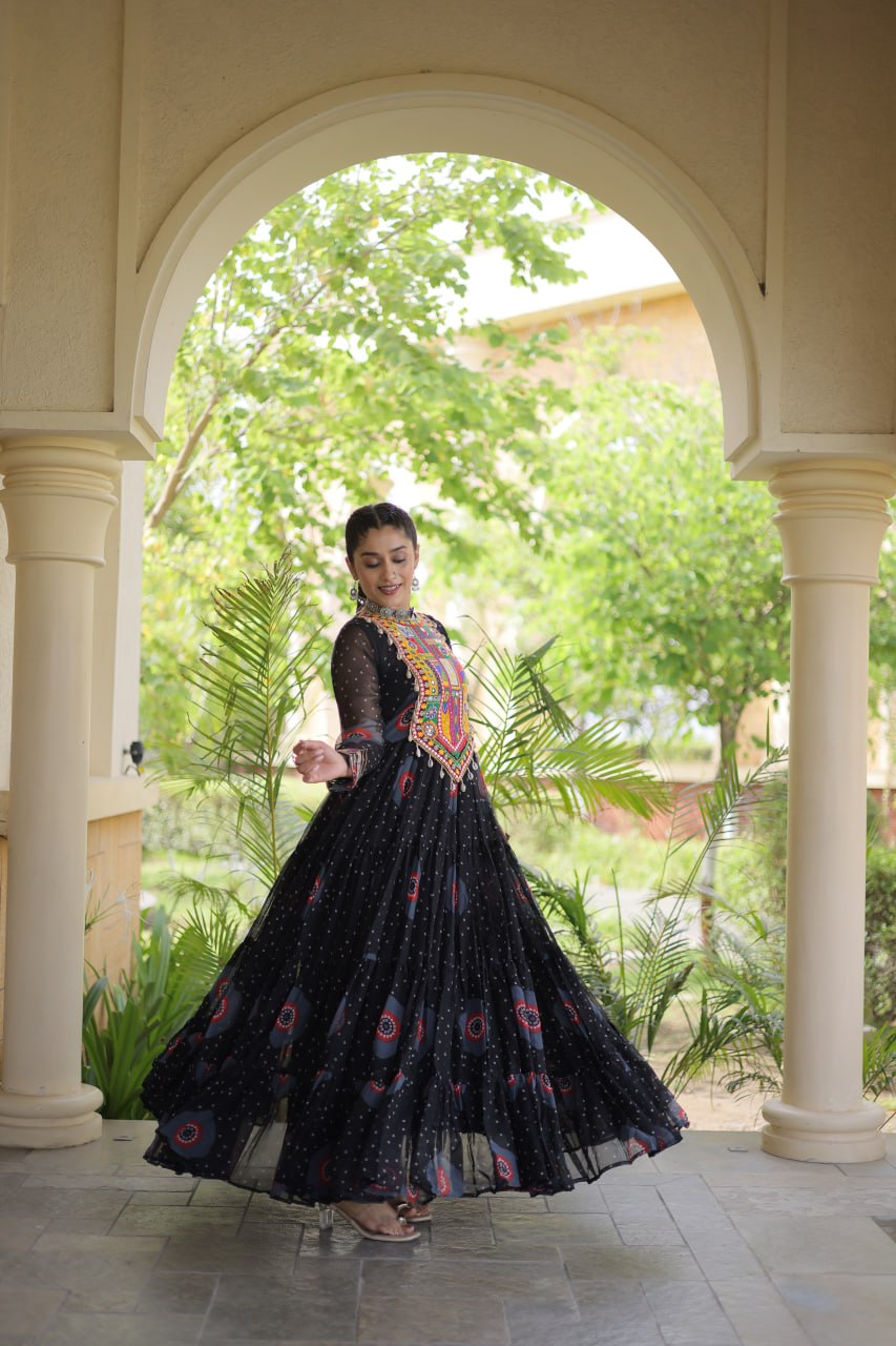 Bandhani Print Anarkali Gown with Kutchi work ClothsVilla