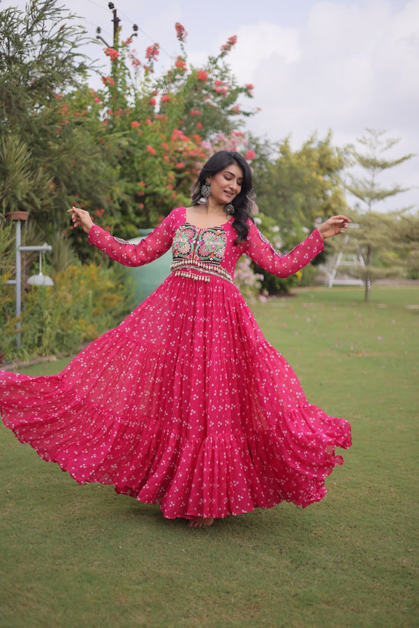 Bandhani Print Georgette Gown with Patchwork ClothsVilla