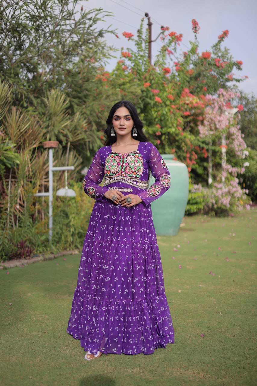 Bandhani Print Georgette Gown with Patchwork ClothsVilla
