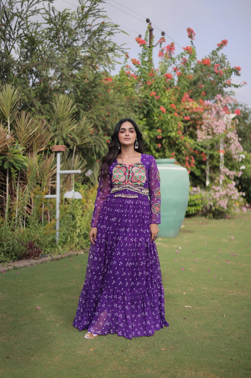Bandhani Print Georgette Gown with Patchwork ClothsVilla