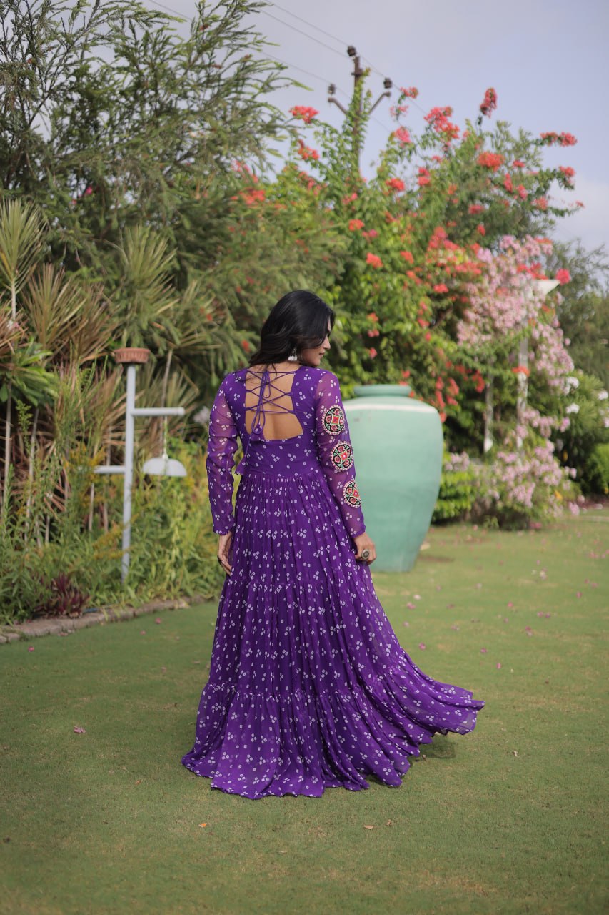 Bandhani Print Georgette Gown with Patchwork ClothsVilla