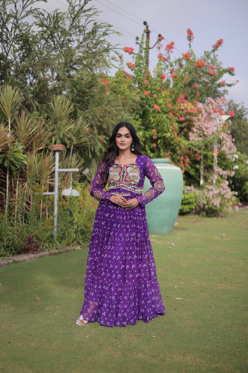 Bandhani Print Georgette Gown with Patchwork ClothsVilla