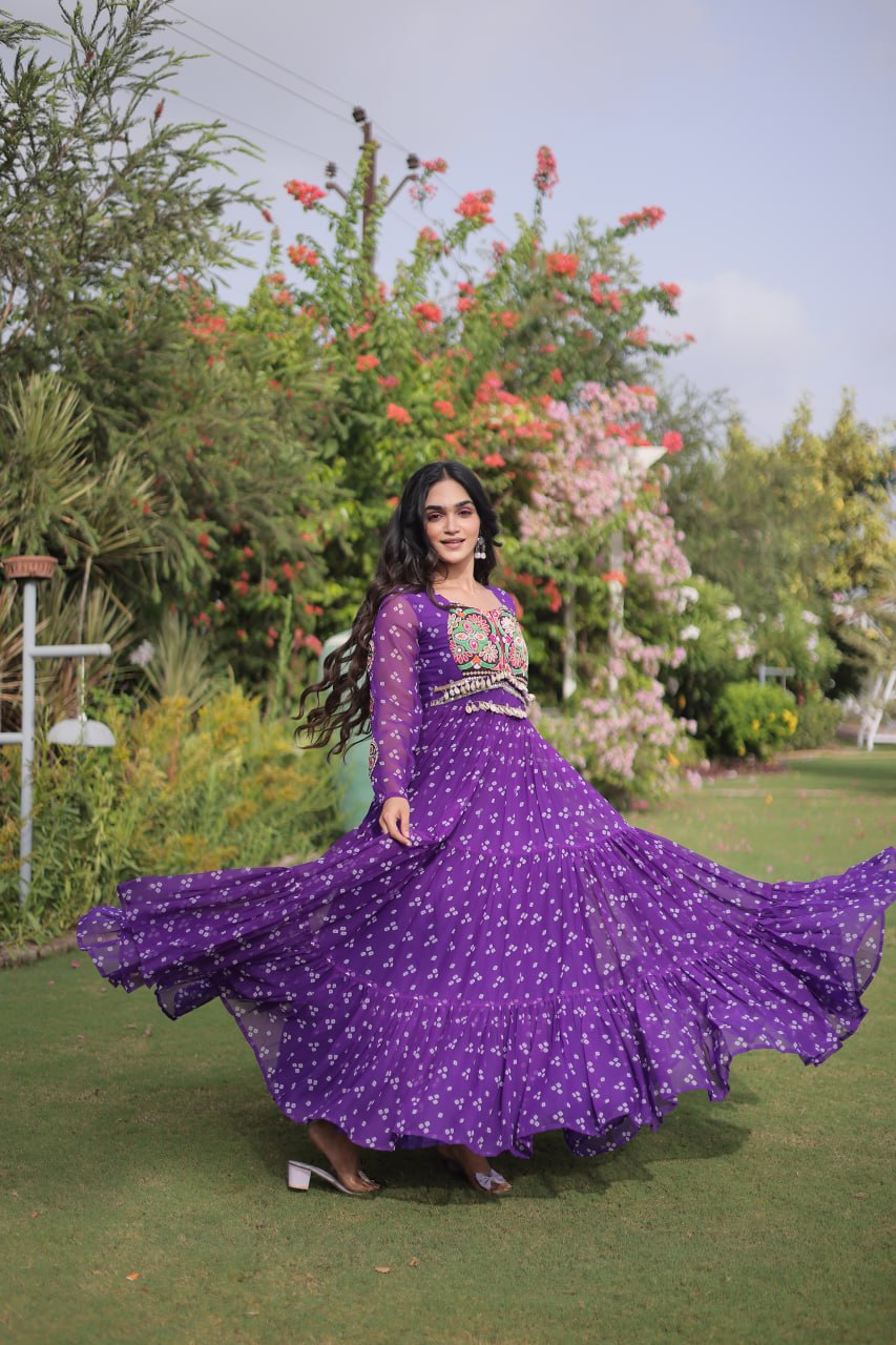 Bandhani Print Georgette Gown with Patchwork ClothsVilla