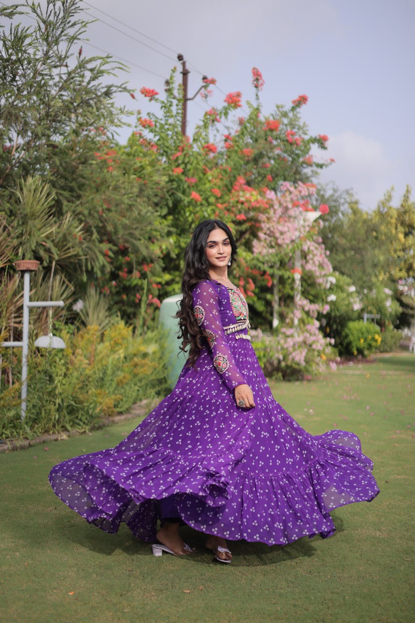 Bandhani Print Georgette Gown with Patchwork ClothsVilla