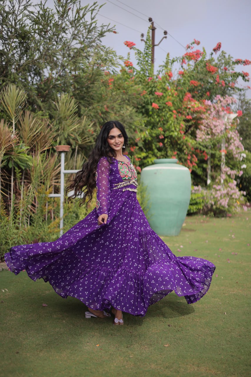 Bandhani Print Georgette Gown with Patchwork ClothsVilla