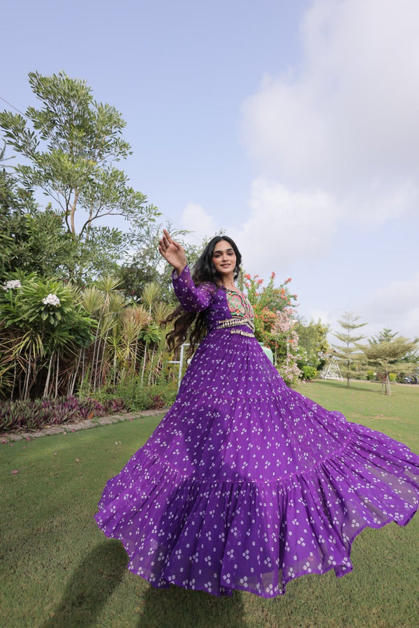 Bandhani Print Georgette Gown with Patchwork ClothsVilla