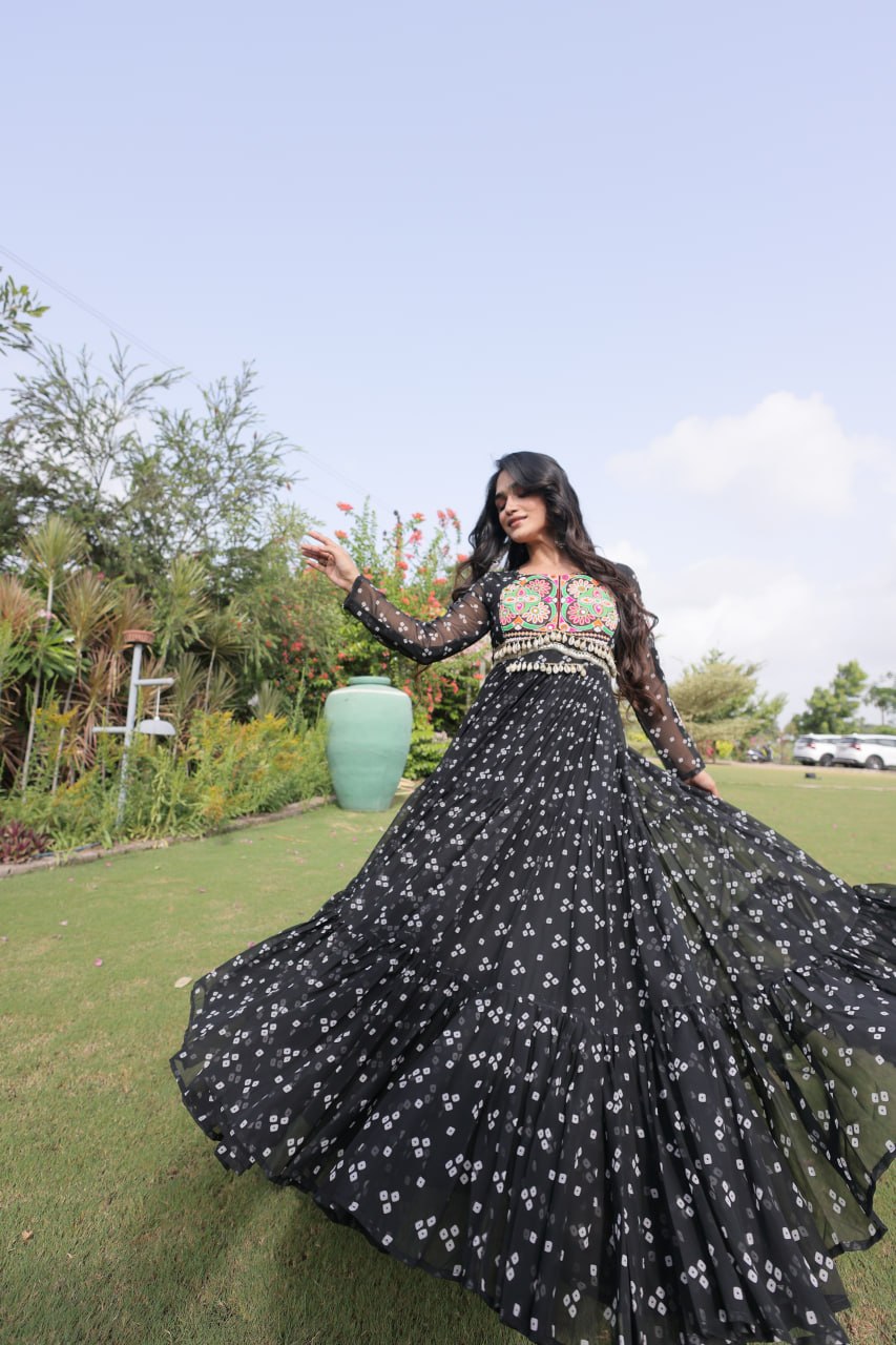 Bandhani Print Georgette Gown with Patchwork ClothsVilla