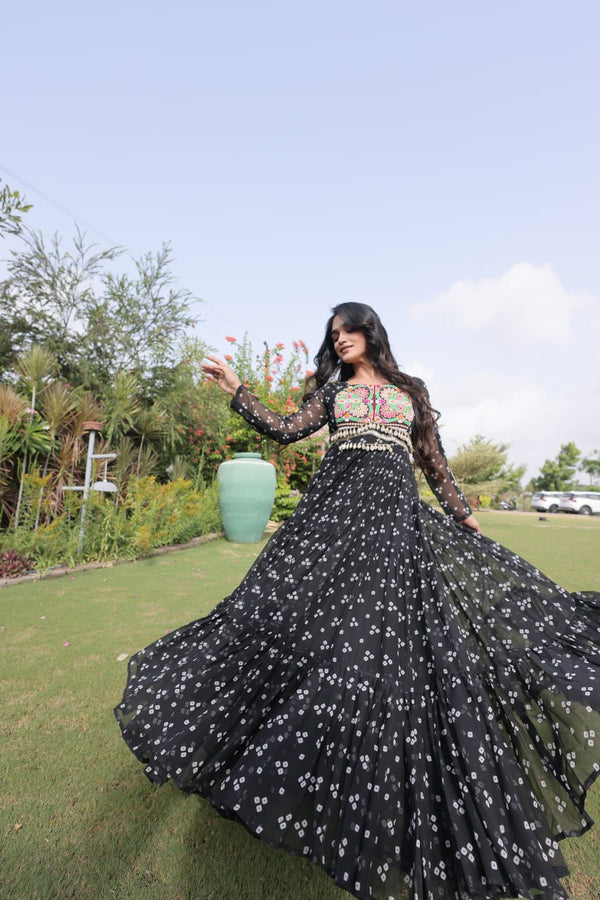 Bandhani Print Georgette Gown with Patchwork ClothsVilla