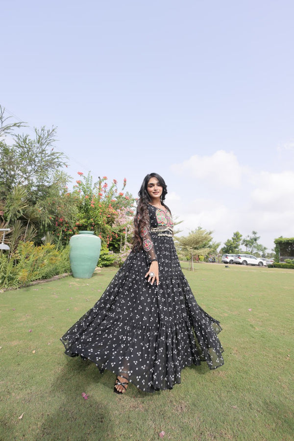 Bandhani Print Georgette Gown with Patchwork ClothsVilla