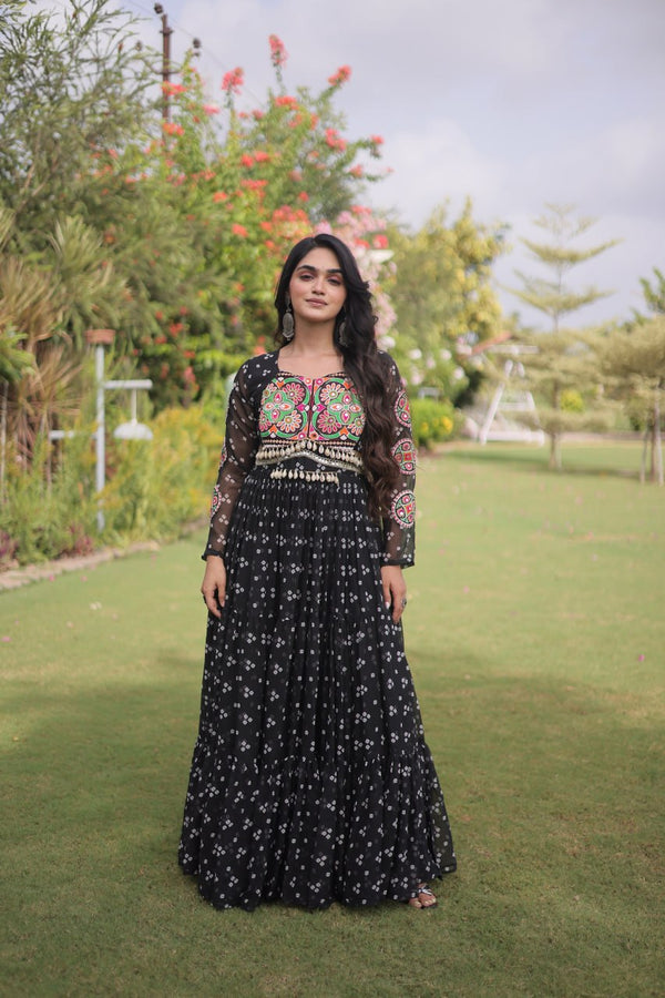 Bandhani Print Georgette Gown with Patchwork ClothsVilla