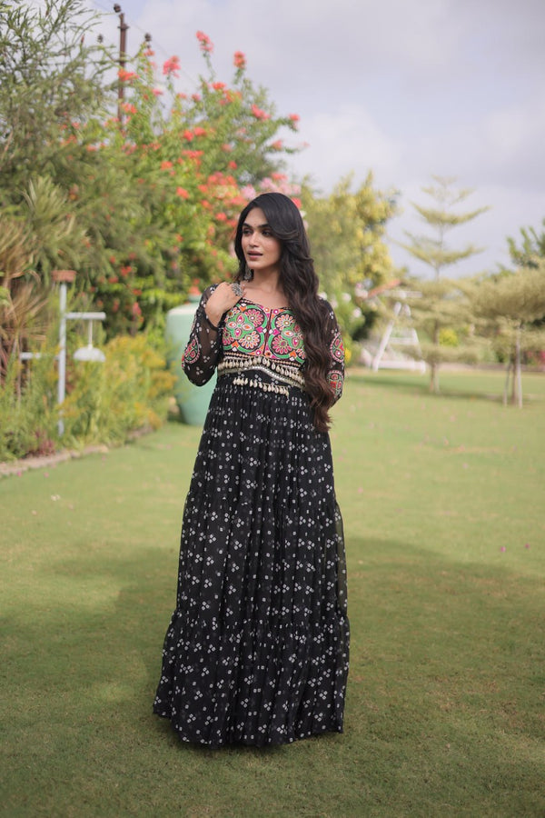 Bandhani Print Georgette Gown with Patchwork ClothsVilla