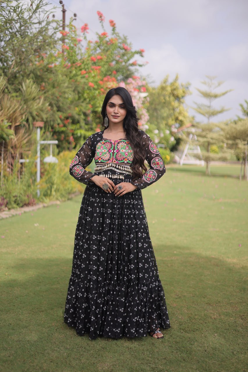 Bandhani Print Georgette Gown with Patchwork ClothsVilla