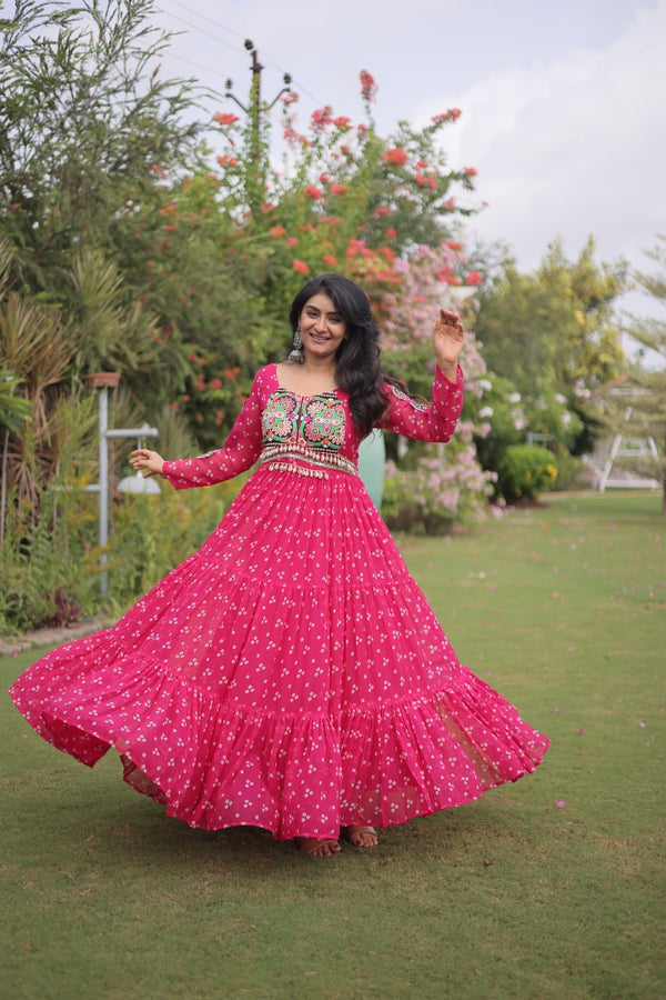Bandhani Print Georgette Gown with Patchwork ClothsVilla