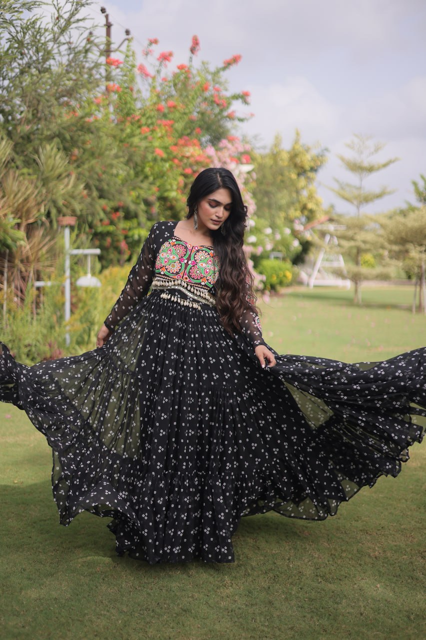 Bandhani Print Georgette Gown with Patchwork ClothsVilla