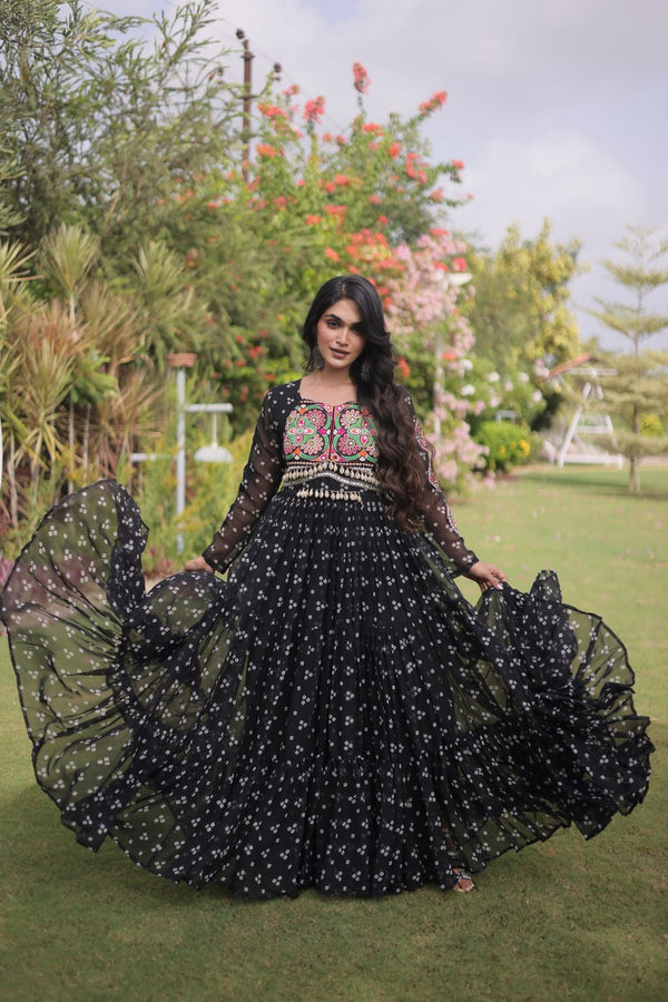 Bandhani Print Georgette Gown with Patchwork ClothsVilla