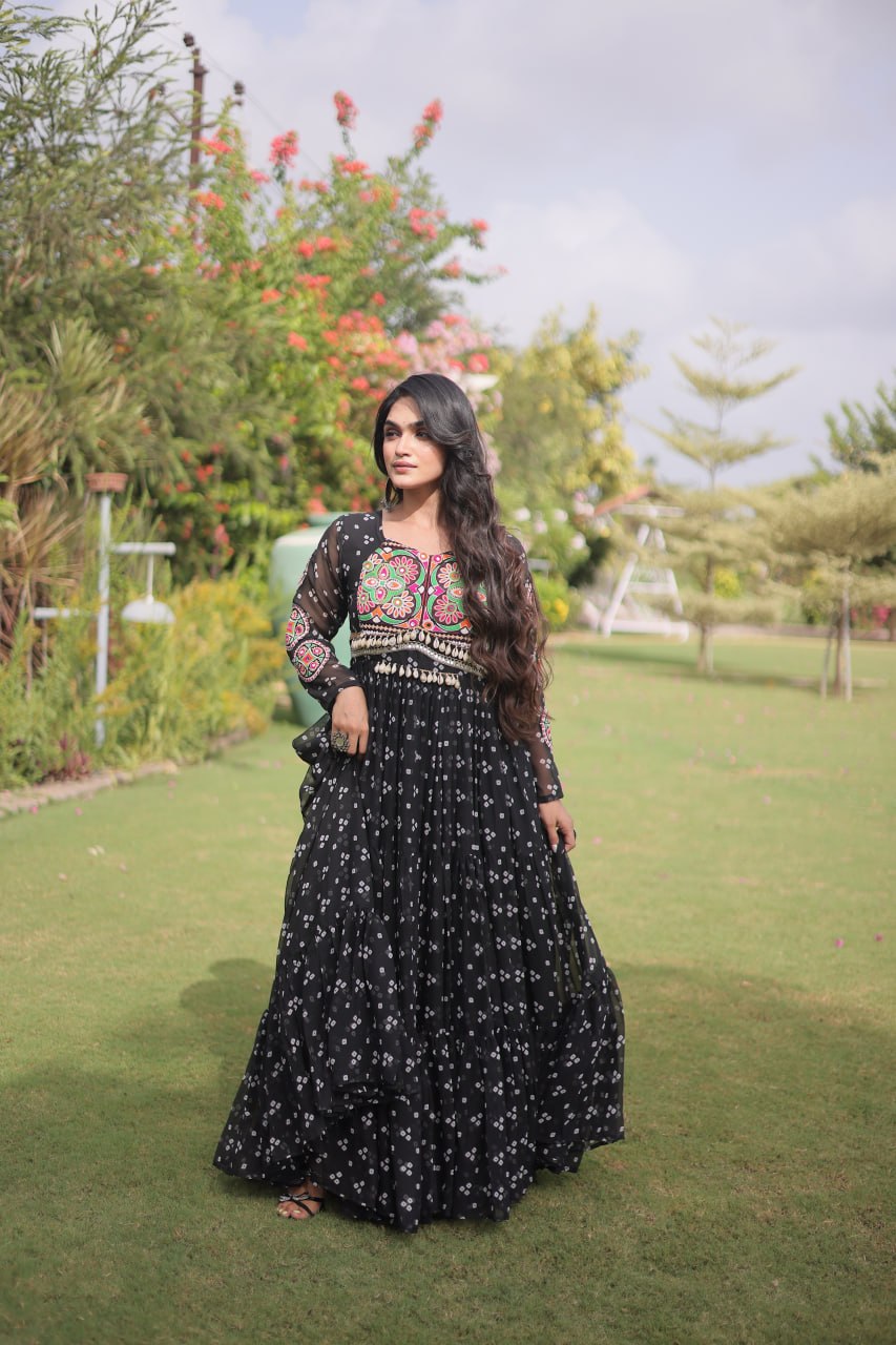 Bandhani Print Georgette Gown with Patchwork ClothsVilla