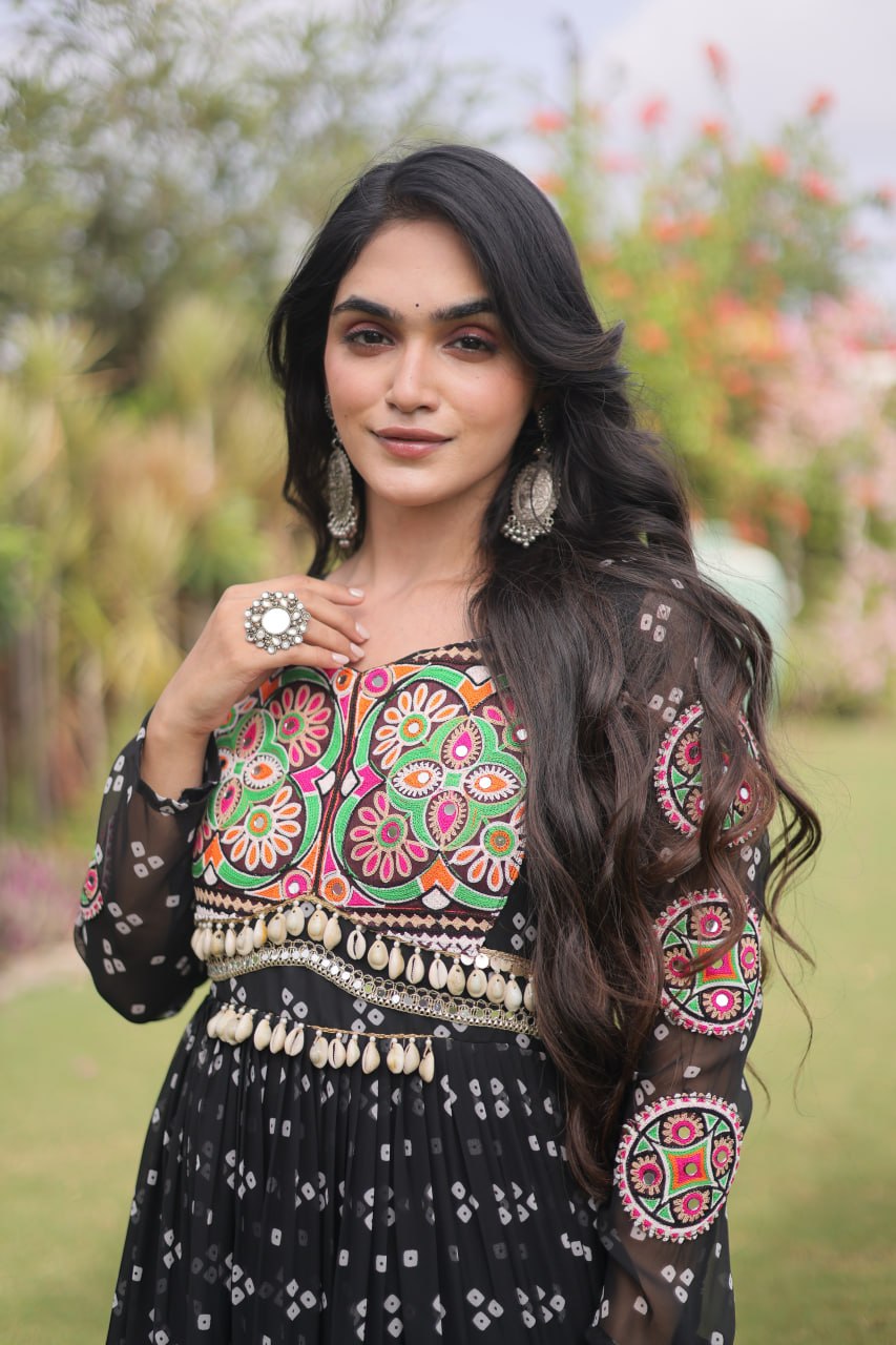 Bandhani Print Georgette Gown with Patchwork ClothsVilla
