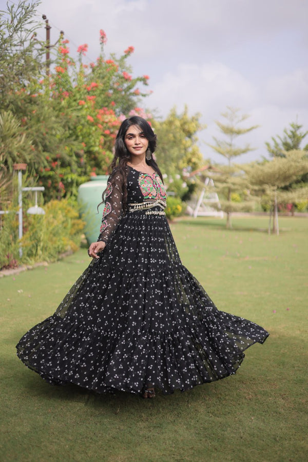 Bandhani Print Georgette Gown with Patchwork ClothsVilla