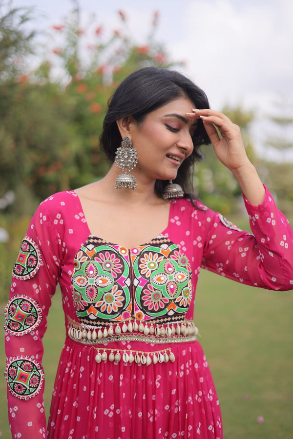 Bandhani Print Georgette Gown with Patchwork ClothsVilla