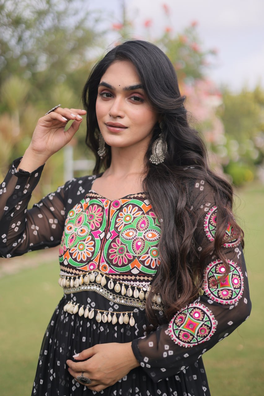 Bandhani Print Georgette Gown with Patchwork ClothsVilla