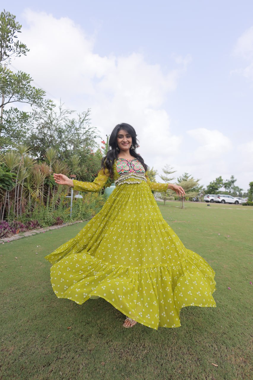 Bandhani Print Georgette Gown with Patchwork ClothsVilla