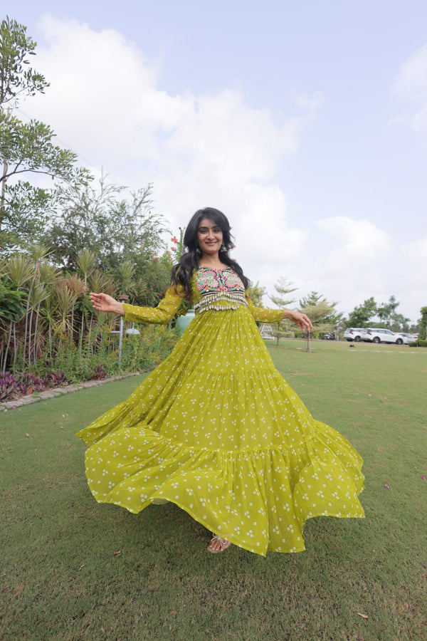 Bandhani Print Georgette Gown with Patchwork ClothsVilla