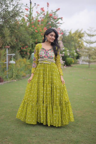 Bandhani Print Georgette Gown with Patchwork ClothsVilla