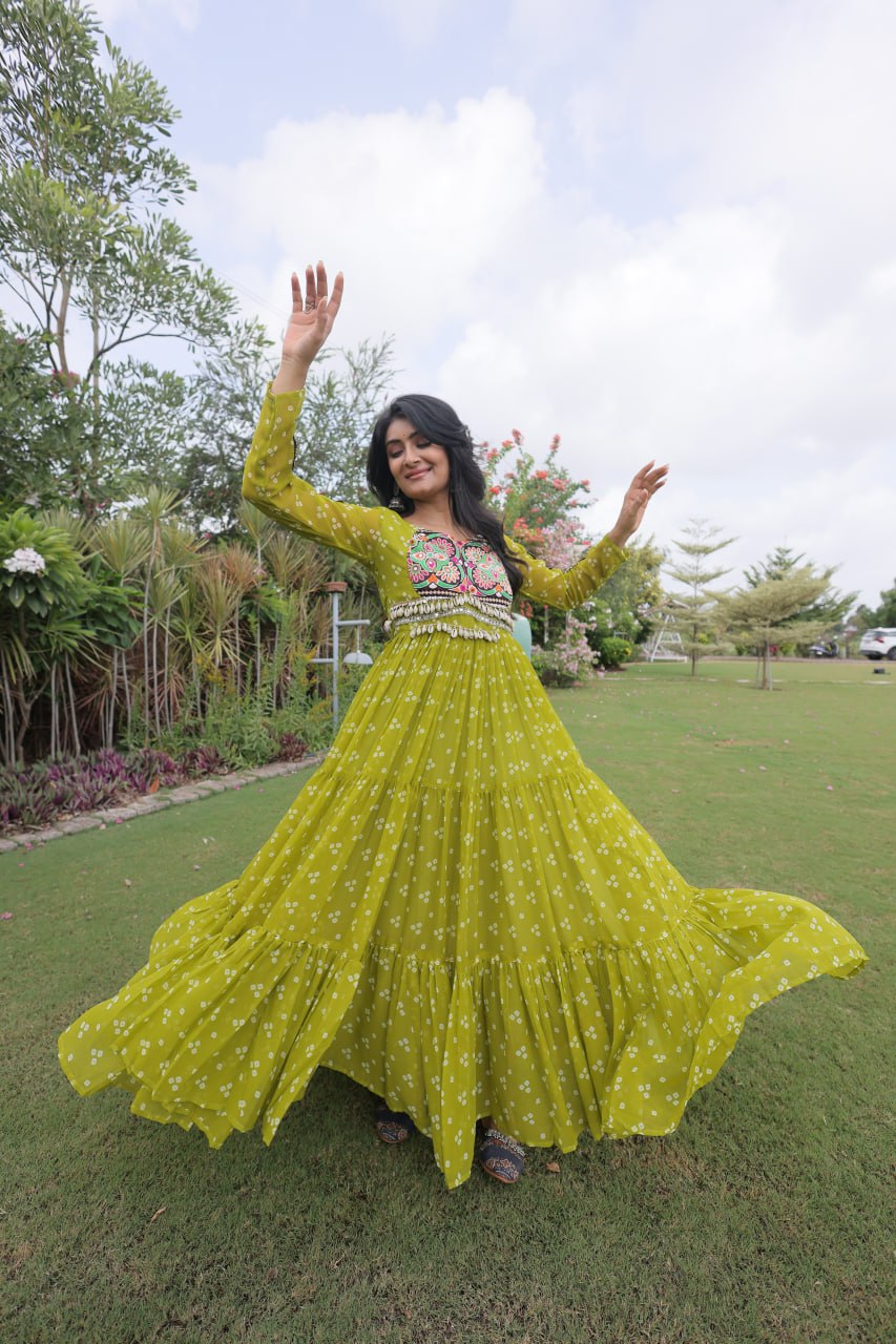 Bandhani Print Georgette Gown with Patchwork ClothsVilla