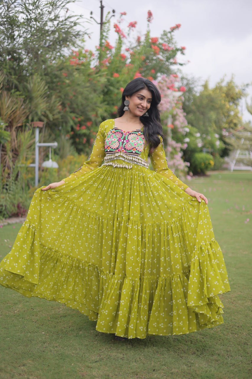Bandhani Print Georgette Gown with Patchwork ClothsVilla