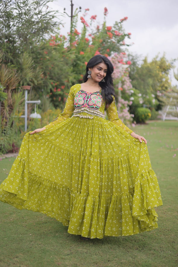 Bandhani Print Georgette Gown with Patchwork ClothsVilla