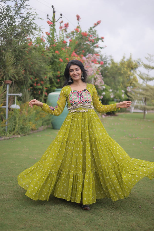 Bandhani Print Georgette Gown with Patchwork ClothsVilla