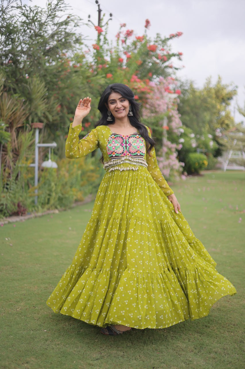 Bandhani Print Georgette Gown with Patchwork ClothsVilla